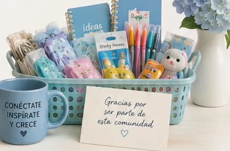 Canasta con cuadernos, lápices de colores y artículos de librería junto a un tazón que dice “Conéctate, inspírate y crece”