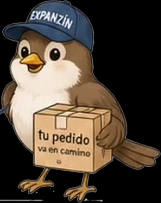 Expanzín, el gorrión de Expanzo, cargando una caja que dice “tu pedido va en camino”