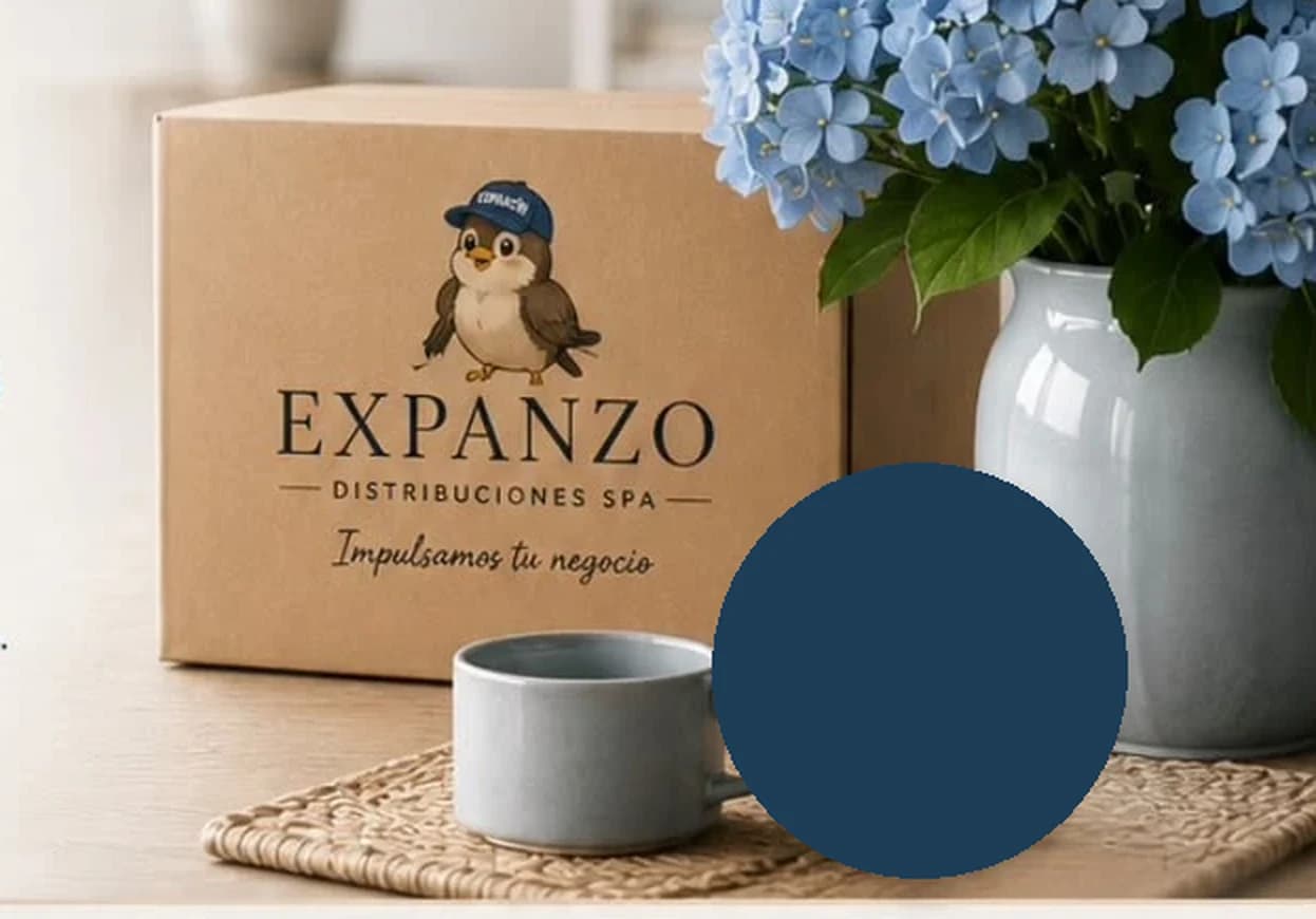Caja de despacho de Expanzo junto a una taza y un florero con hortensias azules